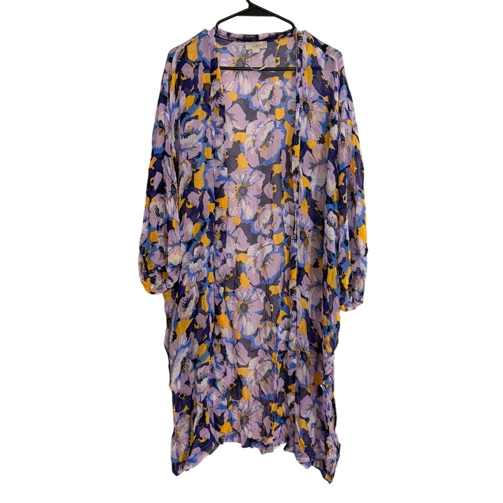 Loft Floral Kimono Cardigan CoverUp Purple Yellow Sheer Open Front M/L Feminine